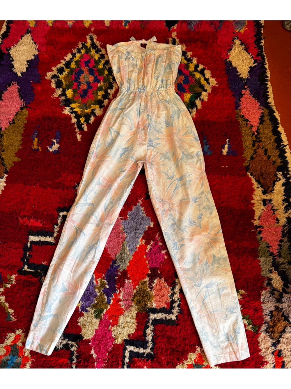 80s Vintage Pastel Floral Strapless Jumpsuit Sz S - Picture 2 of 11